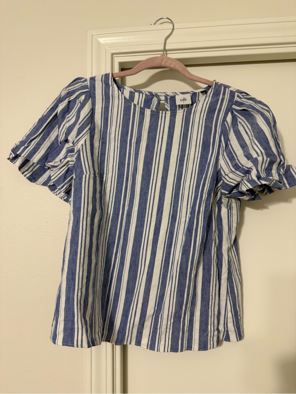 CAbi Blue and White Vertical Stripe Puff Sleeve Blouse